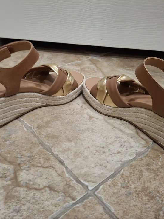 Vionic Tan and Gold Braided Espadrille Wedge Sandals - Picture 3 of 9
